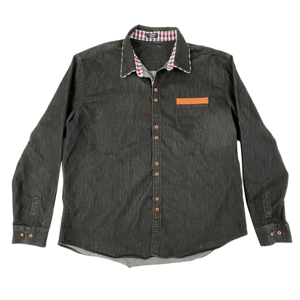 Coofandy Mens Black Button Down Shirt Plaid Collar Faux‎ Leather Trim Size XXL